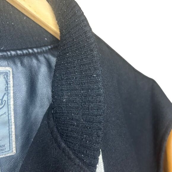 Springfield Black Brown Long Sleeve Varsity Jacket Size L Wool Leather Trim - Picture 13 of 14
